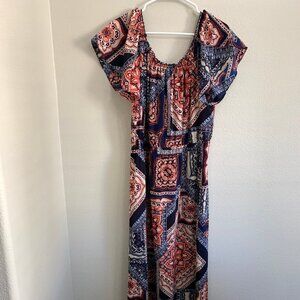 Women Maxi Dress Tag Cut Off Flutter Sleeves Worn On/Off Shoulder Large Navy Rus